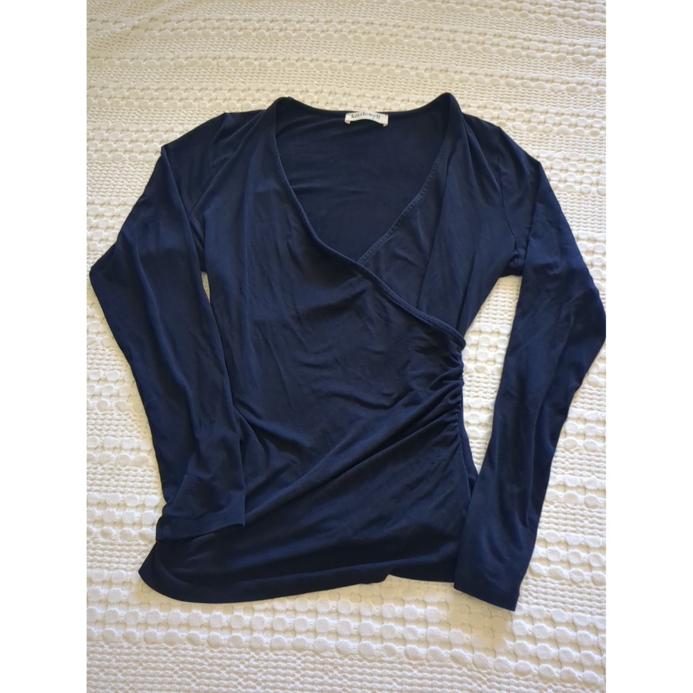 Kettlewell Faux Wrap Jersey Knit Long Sleeve Top Size Small Navy Blue V Neck